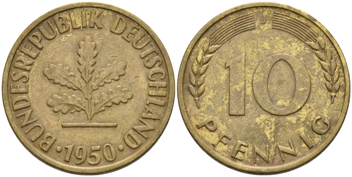 ФРГ 10 пфеннигов 1950 J KM 108, J. 383 сталь плакированная латунью 4586-632