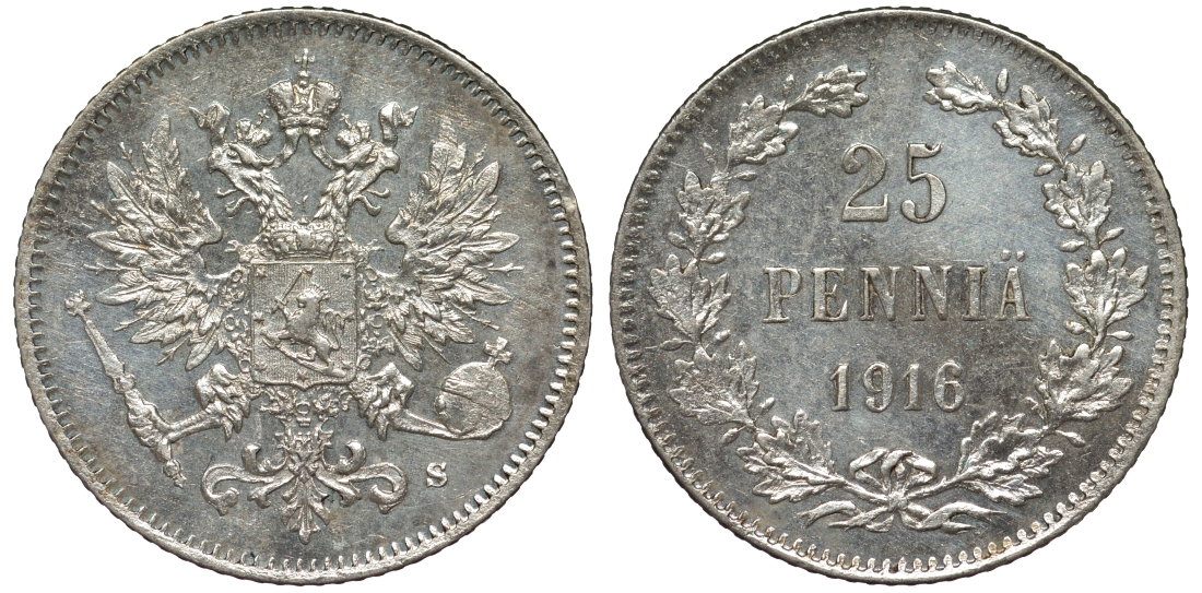 Россия для Финляндии 25 пенни 1916 S, Николай II (1894-1917) KM 6.2, Биткин 421 серебро 75-1242