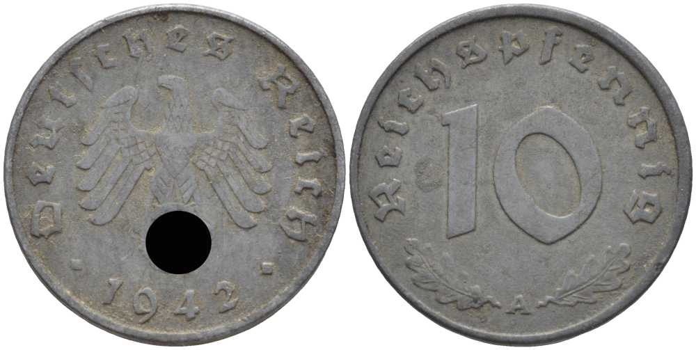 ГЕРМАНИЯ 10 РЕЙХСПФЕННИГОВ 1942 A KM 101, J. 371 цинк 4401-637