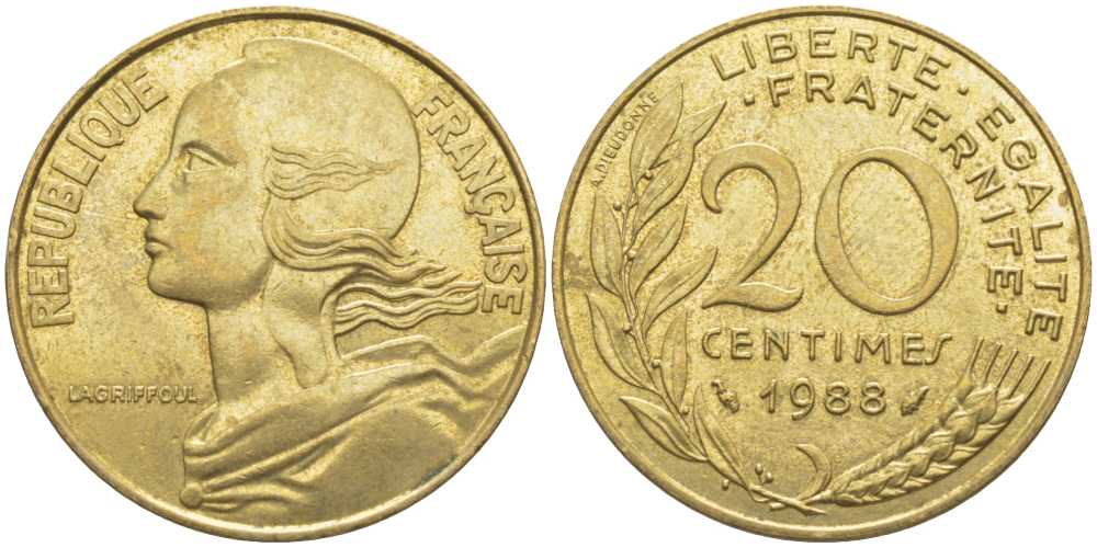 ФРАНЦИЯ 20 САНТИМОВ 1988 ТИП MARIANNE KM 930, LE FRANC 156.28 медь алюминий никель 175-857