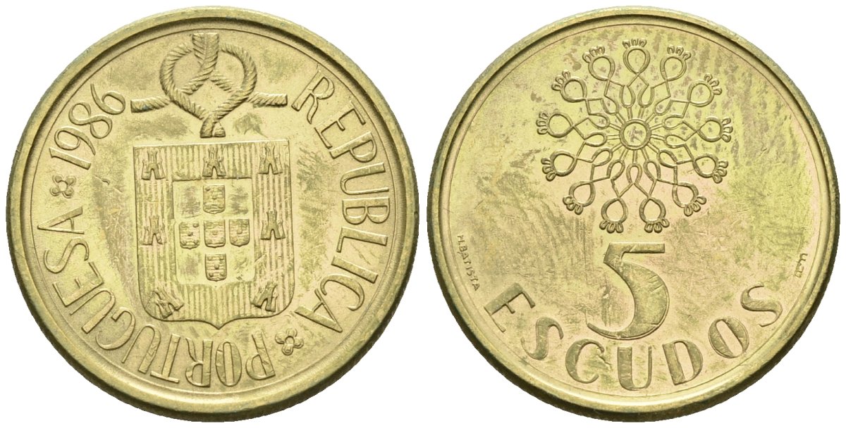 Португалия 5 эскудо 1986 KM 632 никель латунь 4148-436