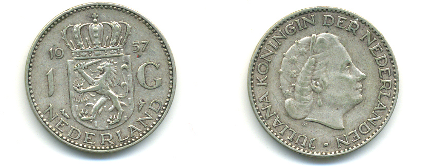Нидерланды 1 гульден 1957 Юлиана (1948-1980) KM 184  серебро 83-745