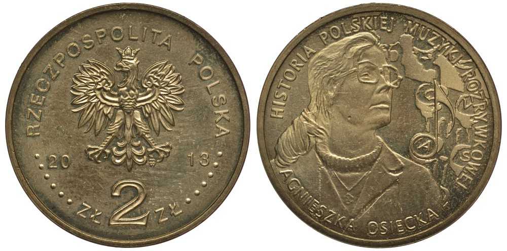 ПОЛЬША 2 ЗЛОТЫХ 2013 АГНЕШКА ОСЕЦКАЯ, СЕРИЯ ИСТОРИЯ ПОЛЬСКОЙ МУЗЫКИ KM 833 нордик 111-633