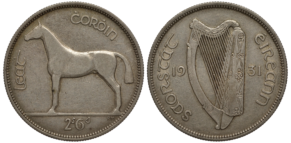 Ирландия 1/2 кроны = 2 шиллинга 6 пенсов 1931 лошадь KM 8 серебро 633-331