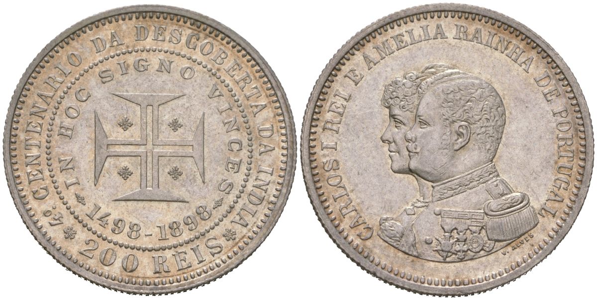 Португалия 200 реалов (рейсов) 1898 Карлуш I (1889-1908), 400 лет Открытию Индии KM 537 серебро 4584-1135