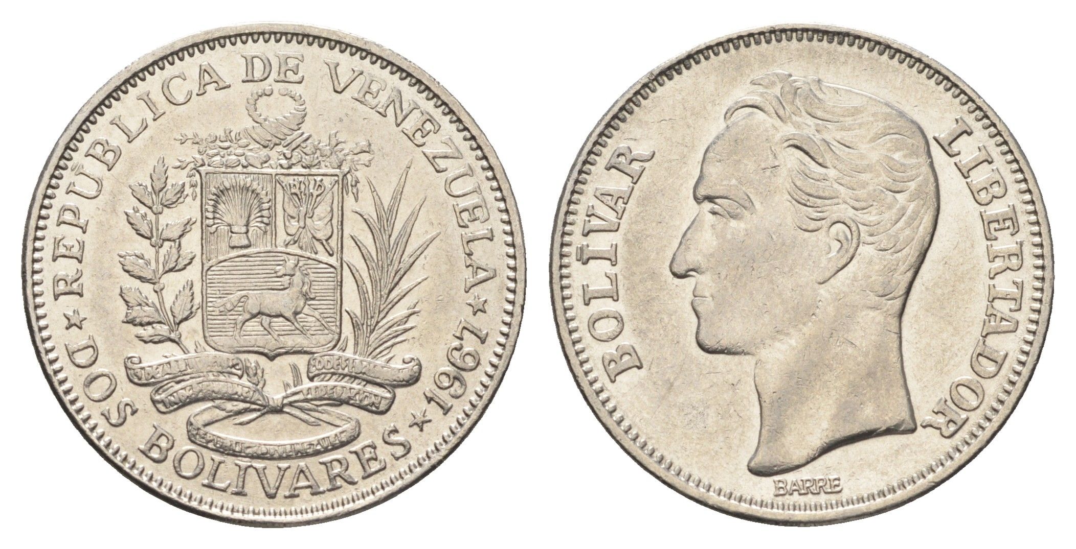 Венесуэла 2 боливара 1967 Симон Боливар Y 43 никель UNC 4666-1231