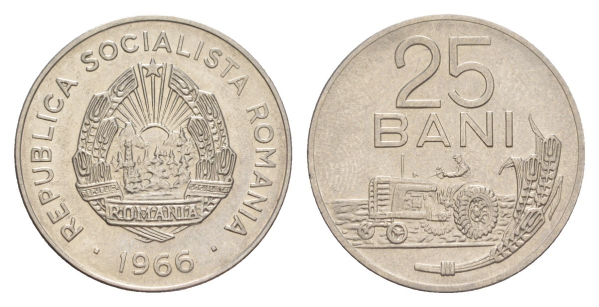 Румыния 25 бань (бани) 1966 KM 94 сталь плакированная никелем UNC 4632-1028