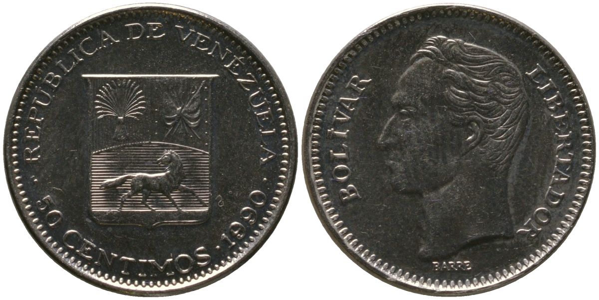 Венесуэла 50 сентимо 1990 KM 41a сталь плакированная никелем 4576-942