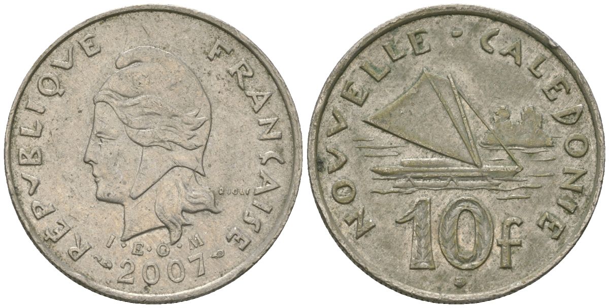 Французская Новая Каледония 10 франков 2007 рыбачья парусная лодка, (IEOM) KM 11a, Schoen 13a, Lec 99k медно-никель 57-414