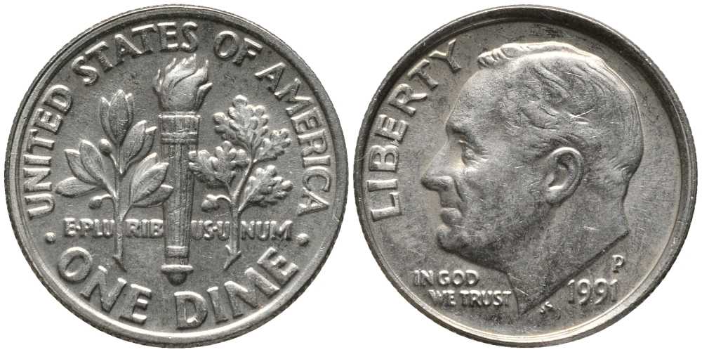 США 10 ЦЕНТОВ = 1 ДАЙМ 1991 Р, РУЗВЕЛЬТ KM 195а медь плакированная медно-никелем 112-647