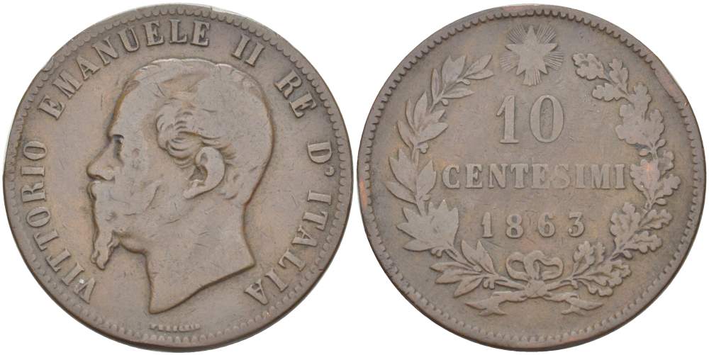 ИТАЛИЯ 10 ЧЕНТЕЗИМО 1863 МОНДВОР ПАРИЖ, ВИКТОР ЭММАНУИЛ II (1861-1878) KM 11.2 медь 4526-722