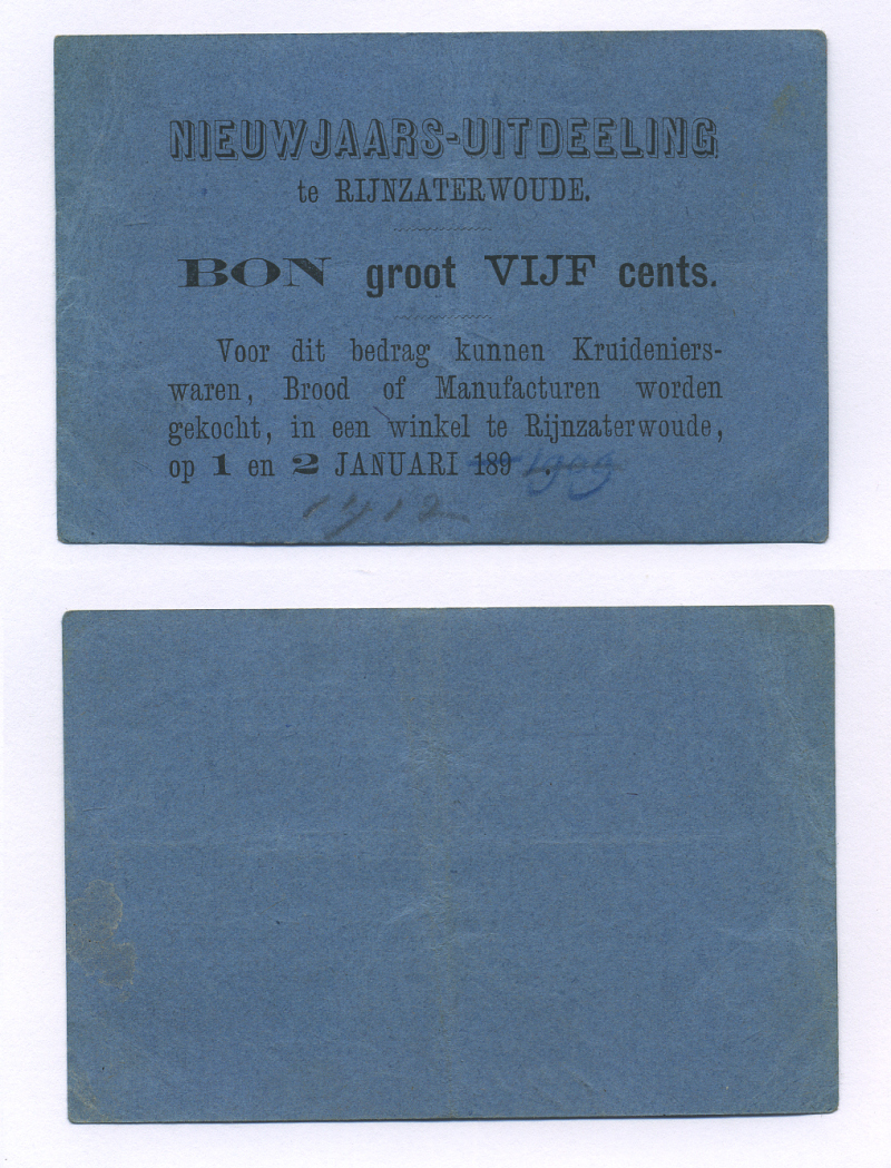 НИДЕРЛАНДЫ 5 ЦЕНТОВ 1906 НА ПОКУПКУ ТОВАРОВ, БАКАЛЕИ, ГАСТРОНОМИИ, ХЛЕБА, ГАЛАНТЕРИИ, НОВОГОДНИЕ СКИДКИ 1 И 2 ЯНВАРЯ, ЧАСТНЫЙ ВЫПУСК бумага 444-25-2