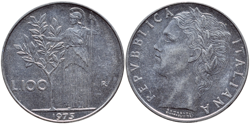 ИТАЛИЯ 100 ЛИР 1975 R, АФИНА KM 96.1 нержавеющая сталь 4394-615