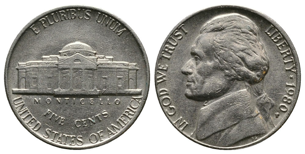 США 5 ЦЕНТОВ 1980 P, ДЖЕФЕРСОН KM A192 медно-никель 89-626