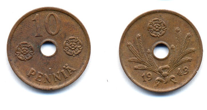 ФИНЛЯНДИЯ 10 ПЕННИ 1943 KM 33.1 медь 51-5028