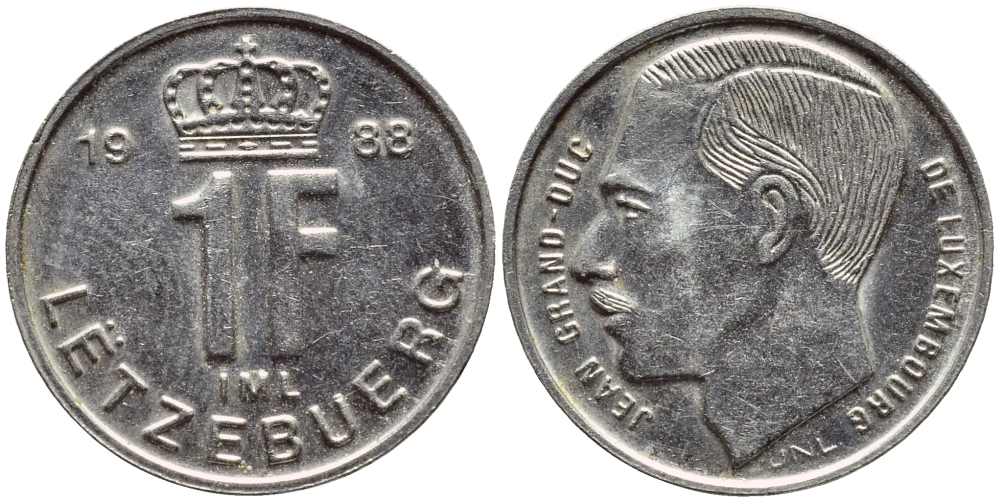ЛЮКСЕМБУРГ 1 ФРАНК 1988 ВЕЛИКИЙ ГЕРЦОГ ЖАН KM 63 никель сталь 4396-1142