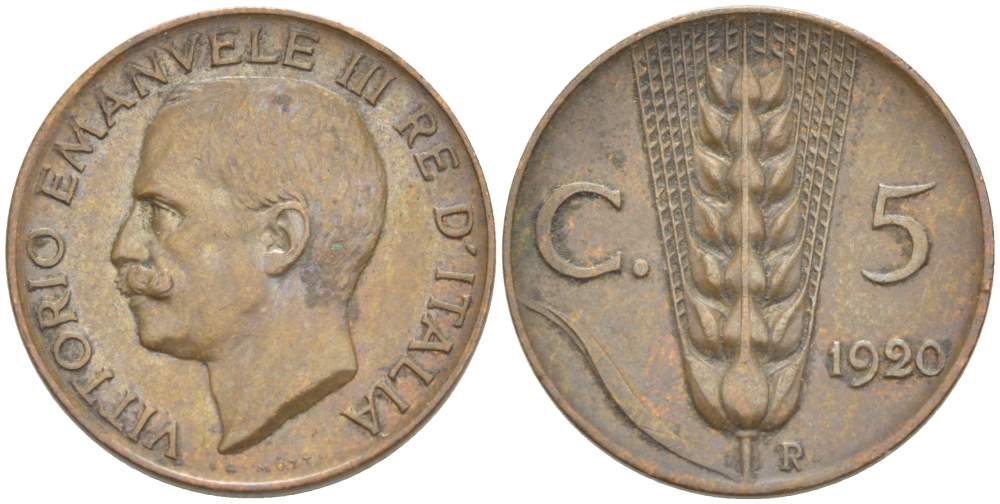 ИТАЛИЯ 5 ЧЕНТЕЗИМО 1920 R, МОНДВОР РИМ, ВИКТОР ЭММАНУИЛ III (1900-1946) KM 59 медь 4525-131