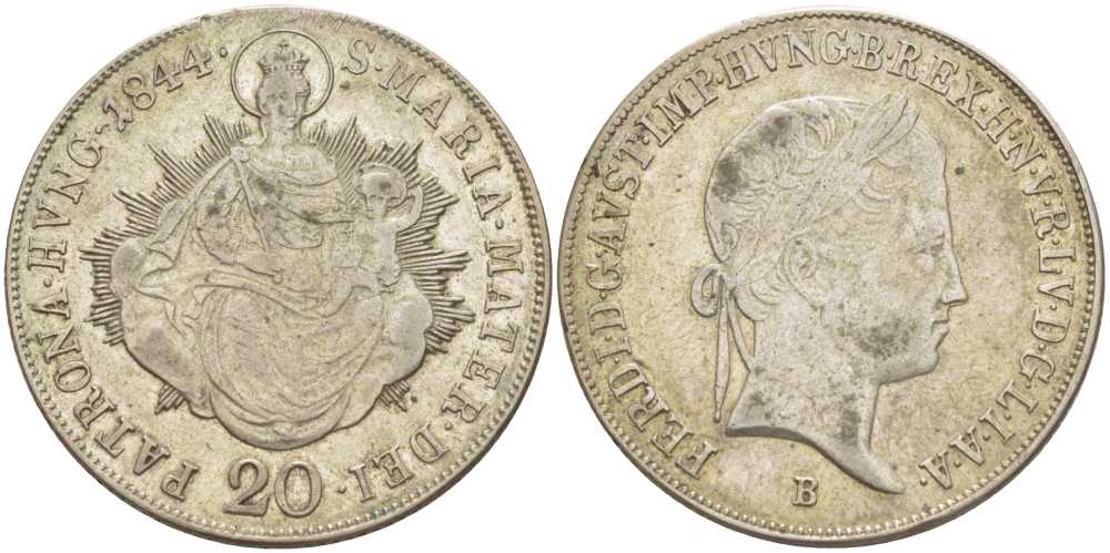 Венгрия 20 крейцеров 1844 B, Фердинанд I (1835-1848), мадонна с младенцем KM 422 серебро 413-1112