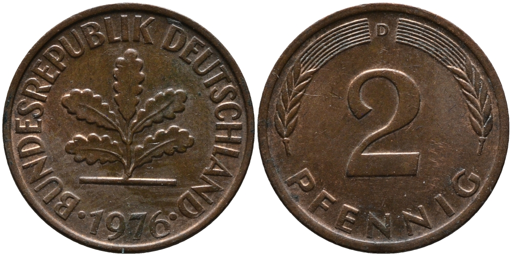 ФРГ 2 пфеннига 1976 D KM 106а, J.381а сталь плакированная медью 99-227