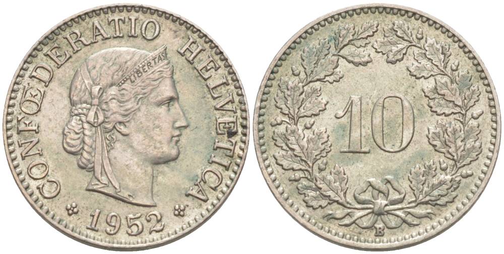 ШВЕЙЦАРИЯ 10 РАППЕНОВ 1952 В KM 27 медно-никель 55-235