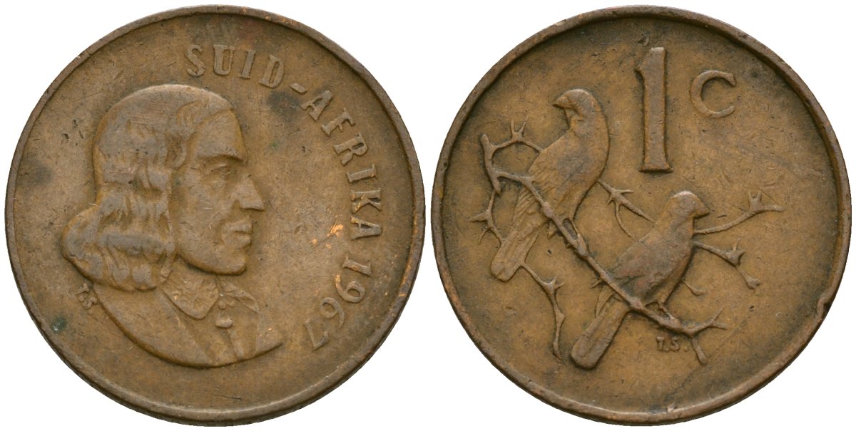 ЮАР 1 цент 1967 Ян ван Рибек (1619-1677), Suid Africa, легенда на африкаанс, капские воробьи KM 65.2 бронза 4136-454