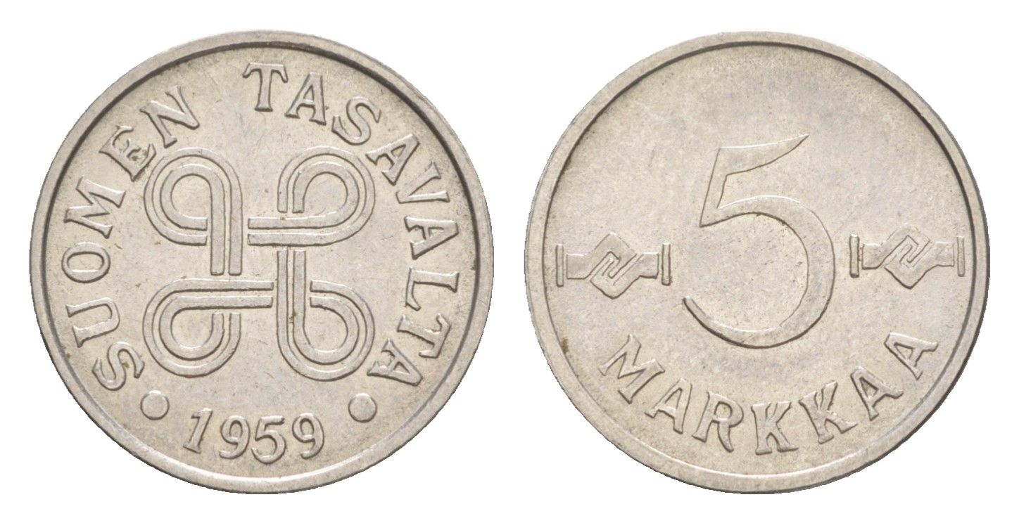 Финляндия 5 марок 1959 KM 37a железо плакированное никелем 4647-447