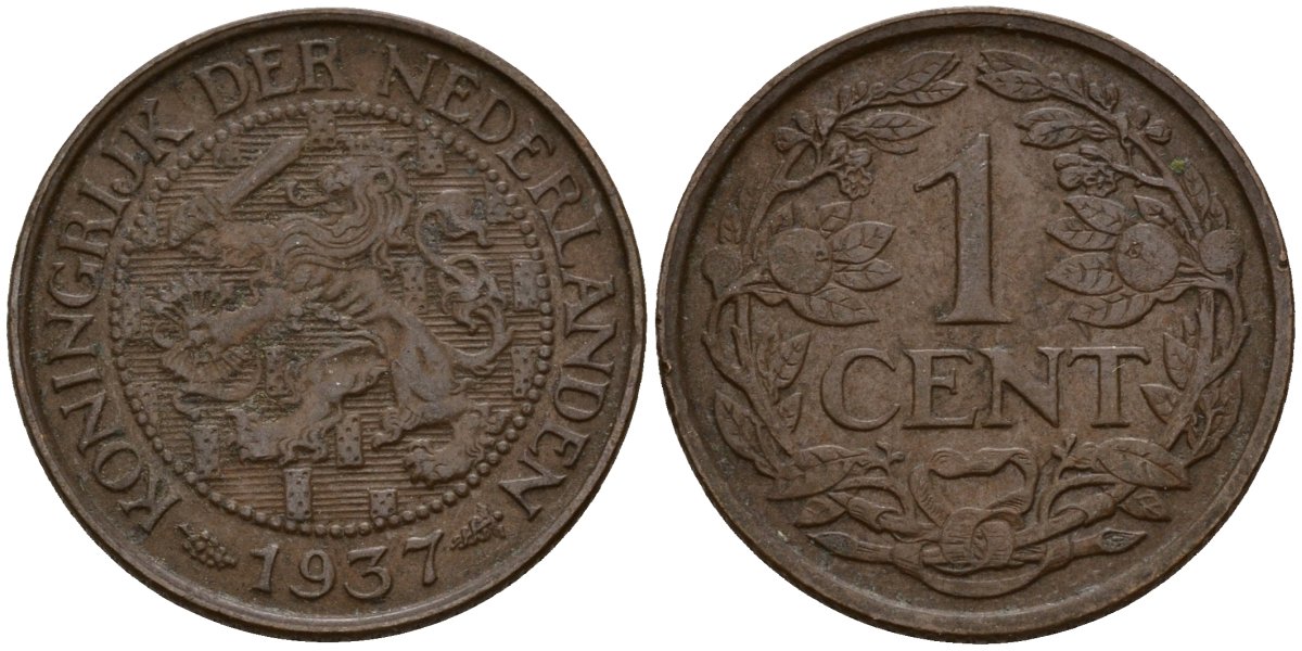 Нидерланды 1 цент 1937 Вильгельмина I (1890-1948) KM 152 бронза 4154-917