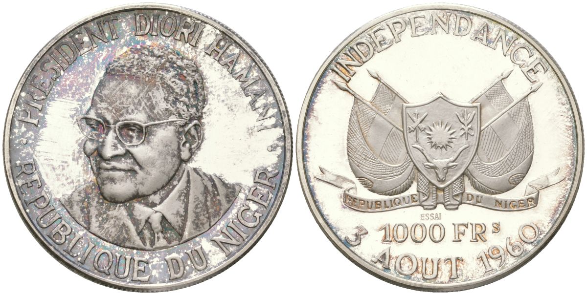 Нигер 1000 франков 1960 ESSAI, президент Амани Диори, независимость KM E6 серебро PROOF 11-244-35