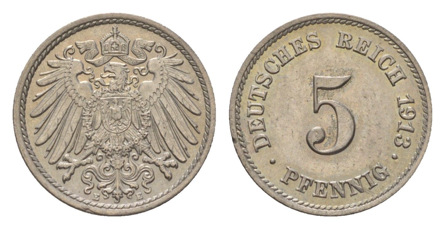 Германия 5 пфеннигов 1913 E, Вильгельм II (1888-1918) KM 11, J. 12 медно-никель UNC 4625-1027