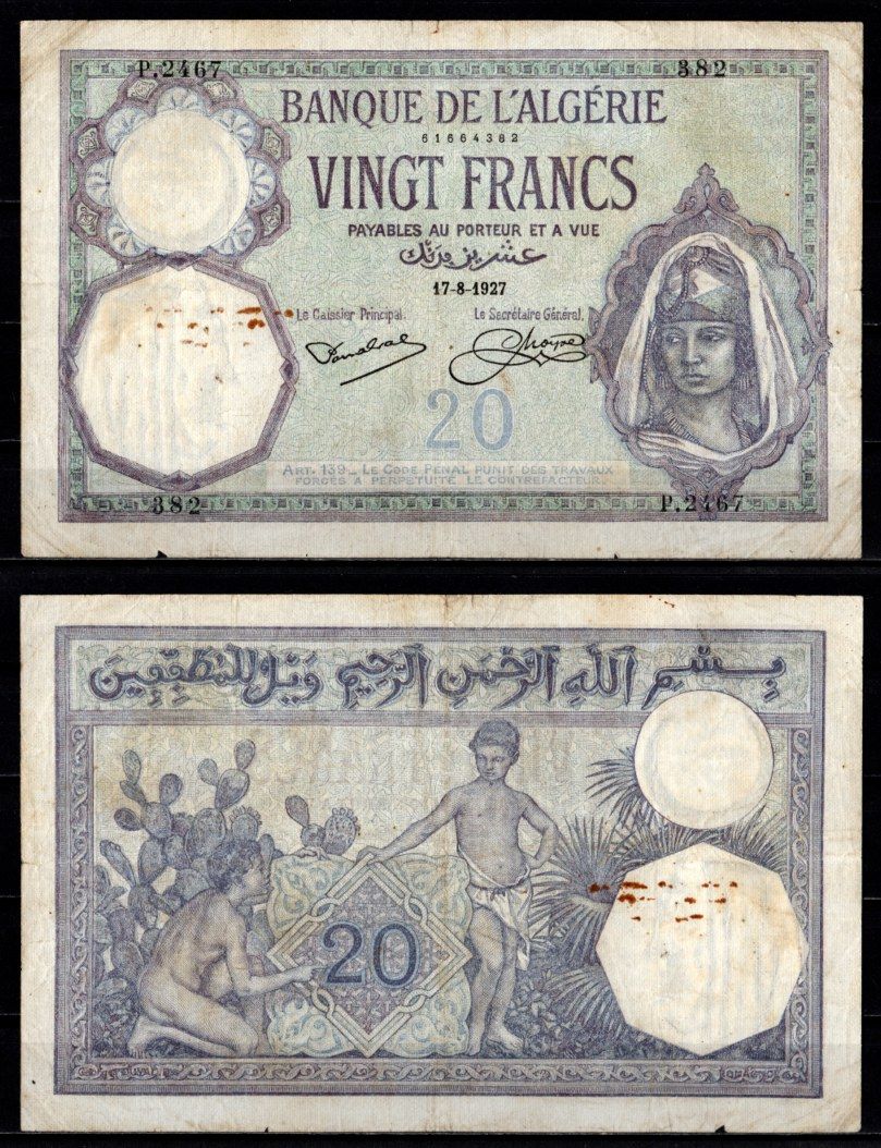 Алжир 20 франков 1927 Pick 78 b бумага 7217-43-2-2