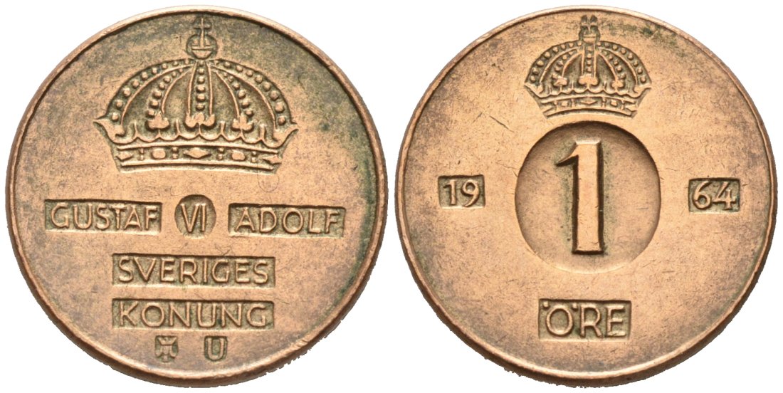 Швеция 1 эре 1964 U, Густав VI Адольф (1950-1973) KM 820 бронза 4564-734