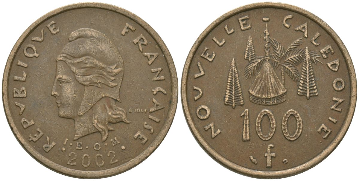 Французская Новая Каледония 100 франков 2002 хижина среди сосен и пальм, (IEOM) KM 15, Schoen 16, Lec 139f никель бронза 109-643