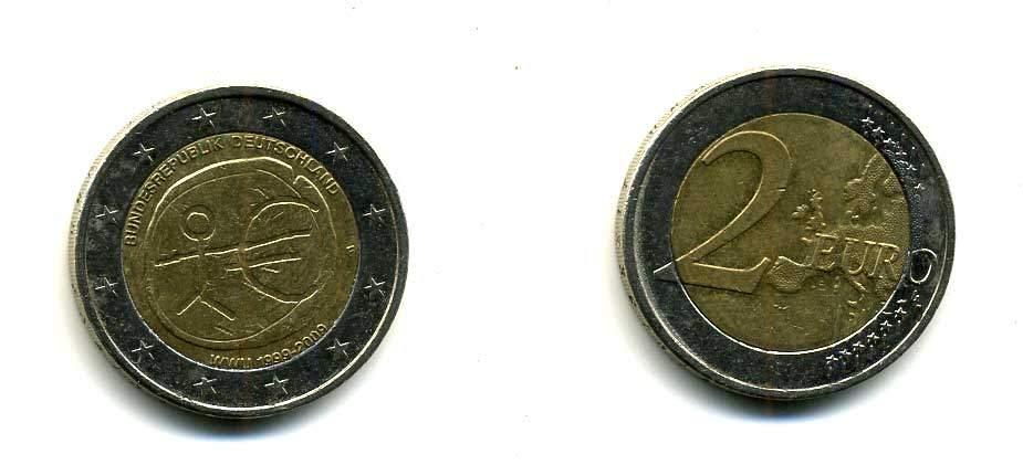 ФРГ 2 евро 2009 F, 10 лет монетарной политики ЕС (EMU) и введения евро KM 277 биметалл 179-935