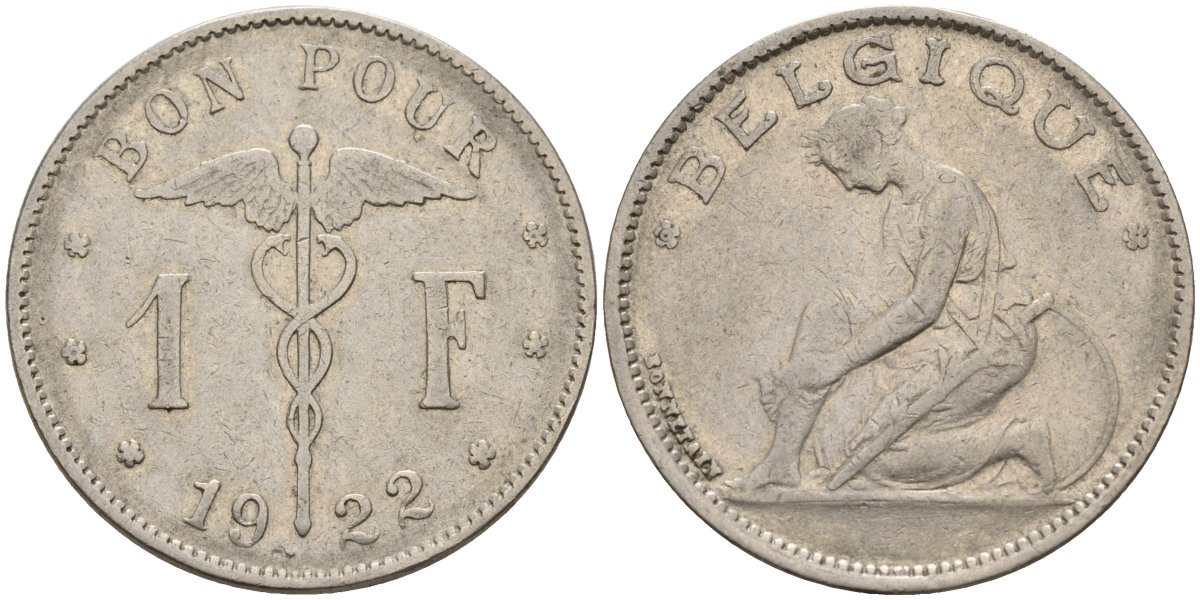 Бельгия 1 франк 1922 BELGIQUE KM 90 никель 4143-557