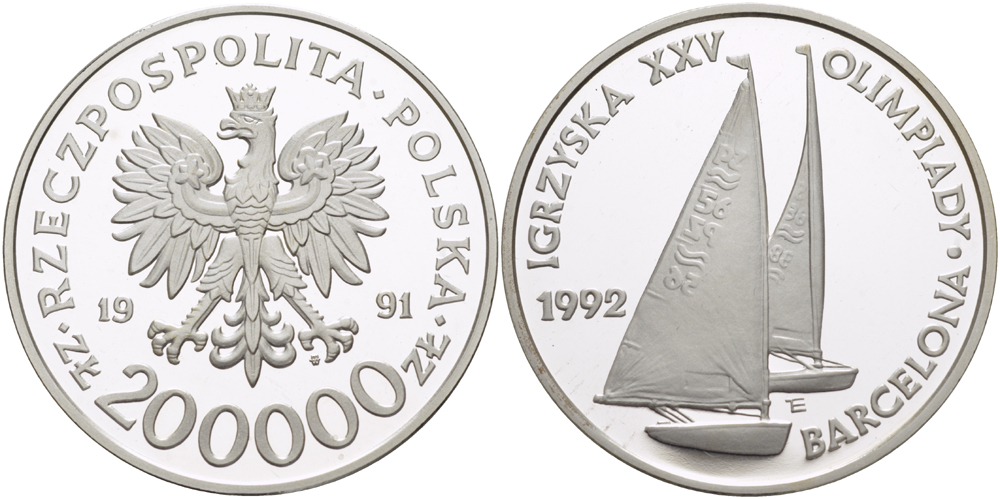 Польша 200000 злотых 1991 MW, XXV летние Олимпийские игры 1992 года в Барселоне, регата, яхты KM 241, Parchimowicz 644 серебро  PROOF  1071-10-64