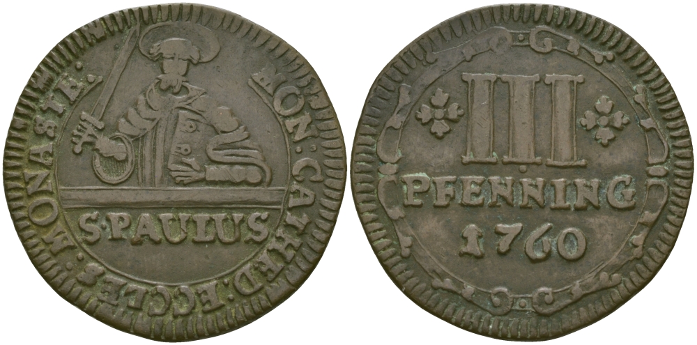 Мюнстер 3 пфеннига 1760 Кафедральный выпуск KM 430 медь 65-647