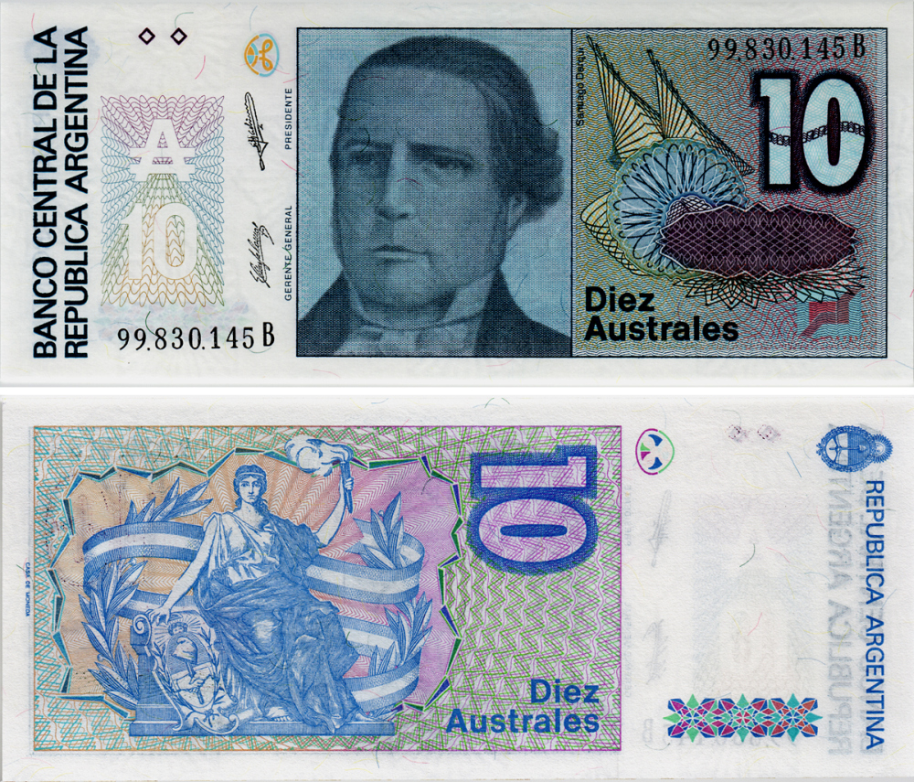 АРГЕНТИНА 10 АУСТРАЛЕЙ 1988 СЕРИЯ В 99830, САНТЬЯГО ДЕРКИ, ПРЕЗИДЕНТ АРГЕНТИНЫ Pick 325b бумага UNC (ПРЕСС) 6293-7-3-1