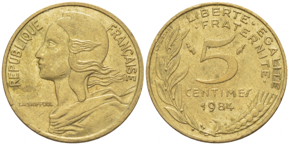 ФРАНЦИЯ 5 САНТИМОВ 1984 ТИП MARIANNE KM 933 медь алюминий никель 3309-1046