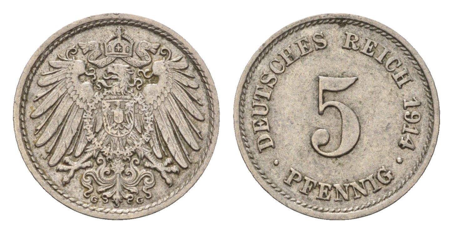 Германия 5 пфеннигов 1914 G, Вильгельм II (1888-1918) KM 11, J. 12 медно-никель 4636-324
