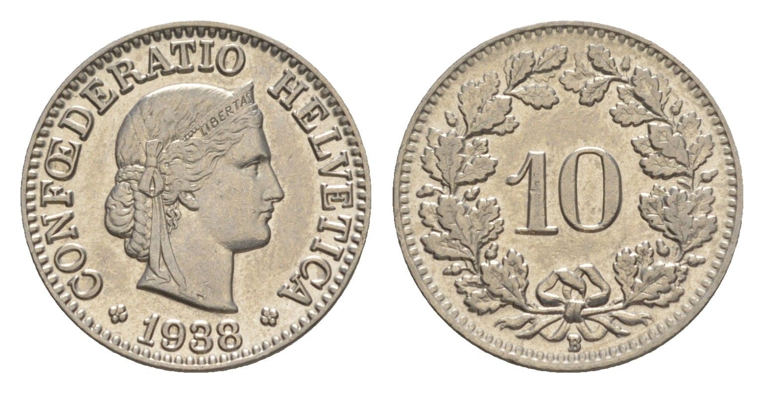 Швейцария 10 раппенов 1938 B KM 27b никель 4609-438
