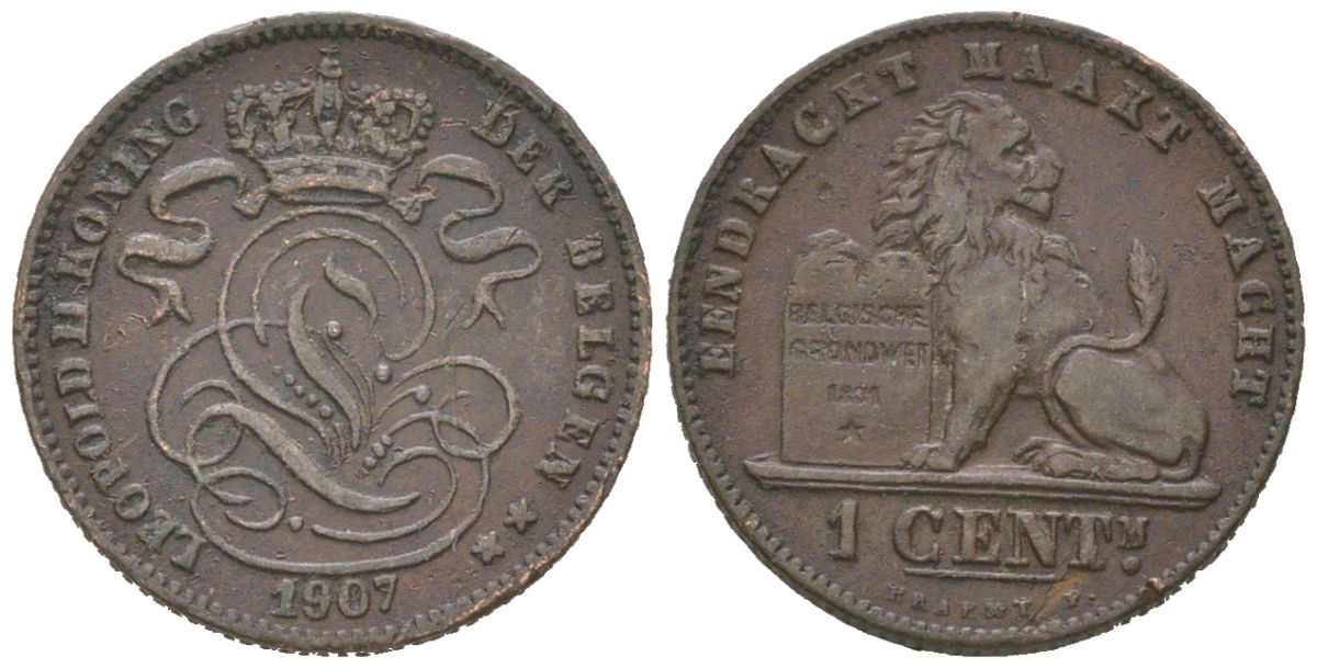 Бельгия 1 сантим 1907 DER BELGEN, Леопольд II (1865-1909) KM 34 медь 4617-522