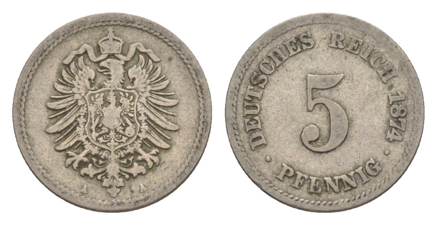 Германия 5 пфеннигов 1874 A, Вильгельм I (1871-1888) KM 3, J. 3, Weege 5 медно-никель 4639-1238