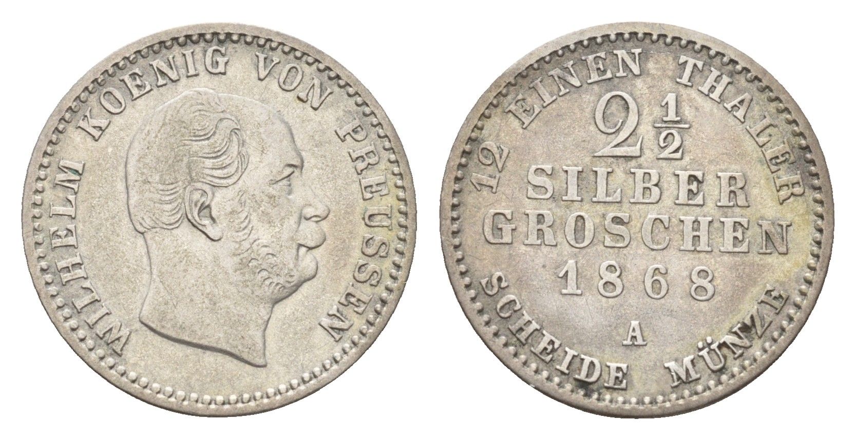 Пруссия 2 1/2 серебряных гроша 1868 A, Вильгельм I (1861-1888) KM 486 серебро 1531-1513