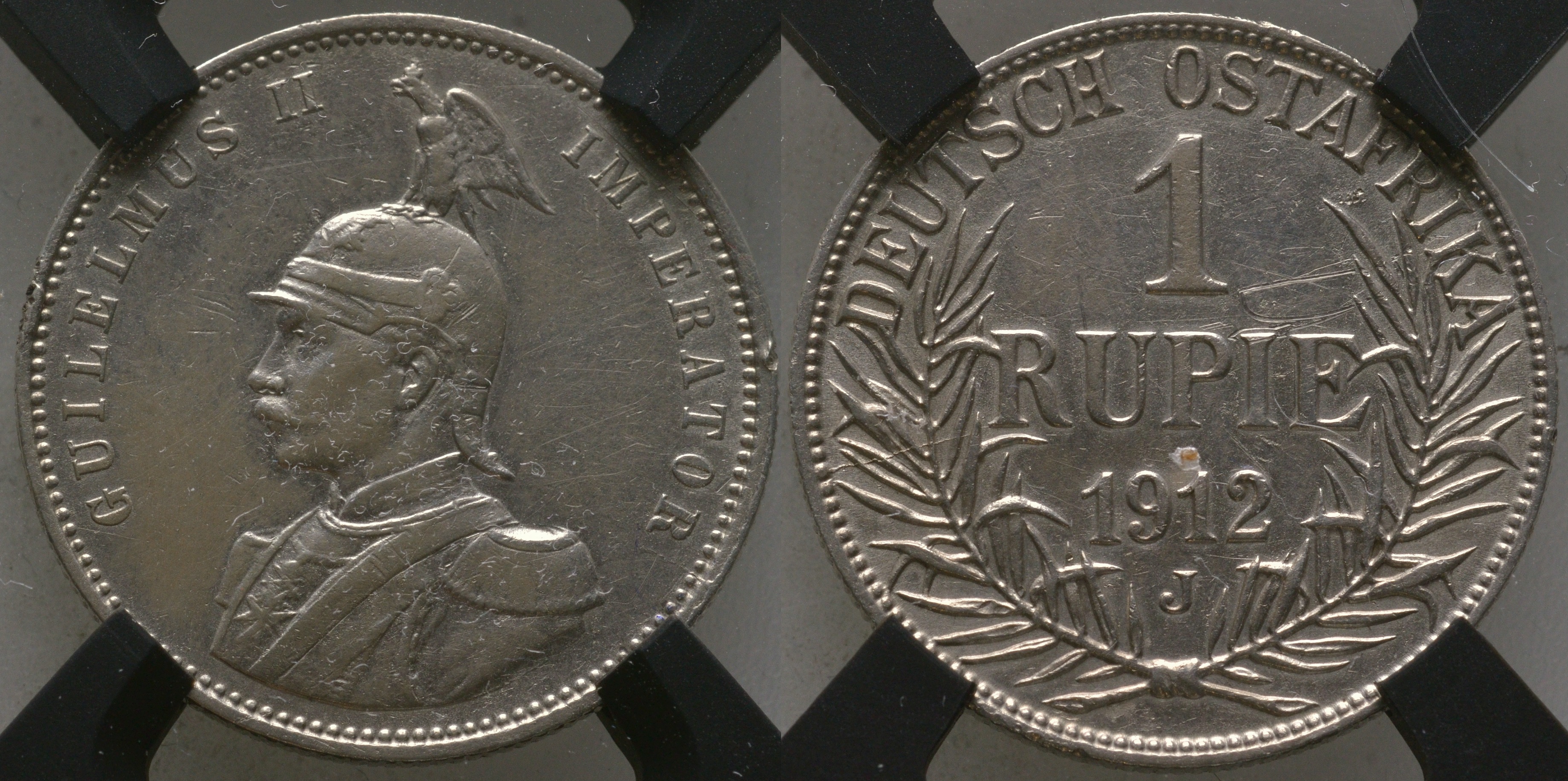 Немецкая Восточная Африка (Танзания) 1 рупия 1912 J, Ost-Africa, Вильгельм II (1888-1918), в слабе RNGA AU DETAILS Jaeger 722, KM 10 серебро    15-011-05