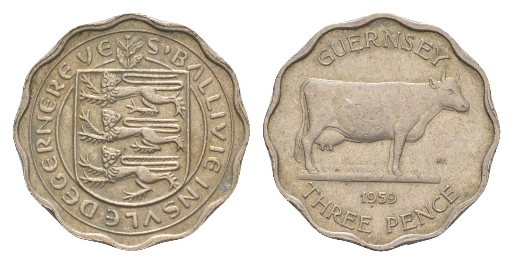 Гернси 3 пенса 1959 Генсийская Корова KM 18 медно-никель 4656-1114