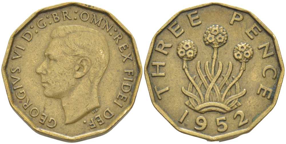 Великобритания 3 пенса 1952 Георг VI (1936-1952), второй выпуск KM 873, Spink 4113 никель латунь 175-617