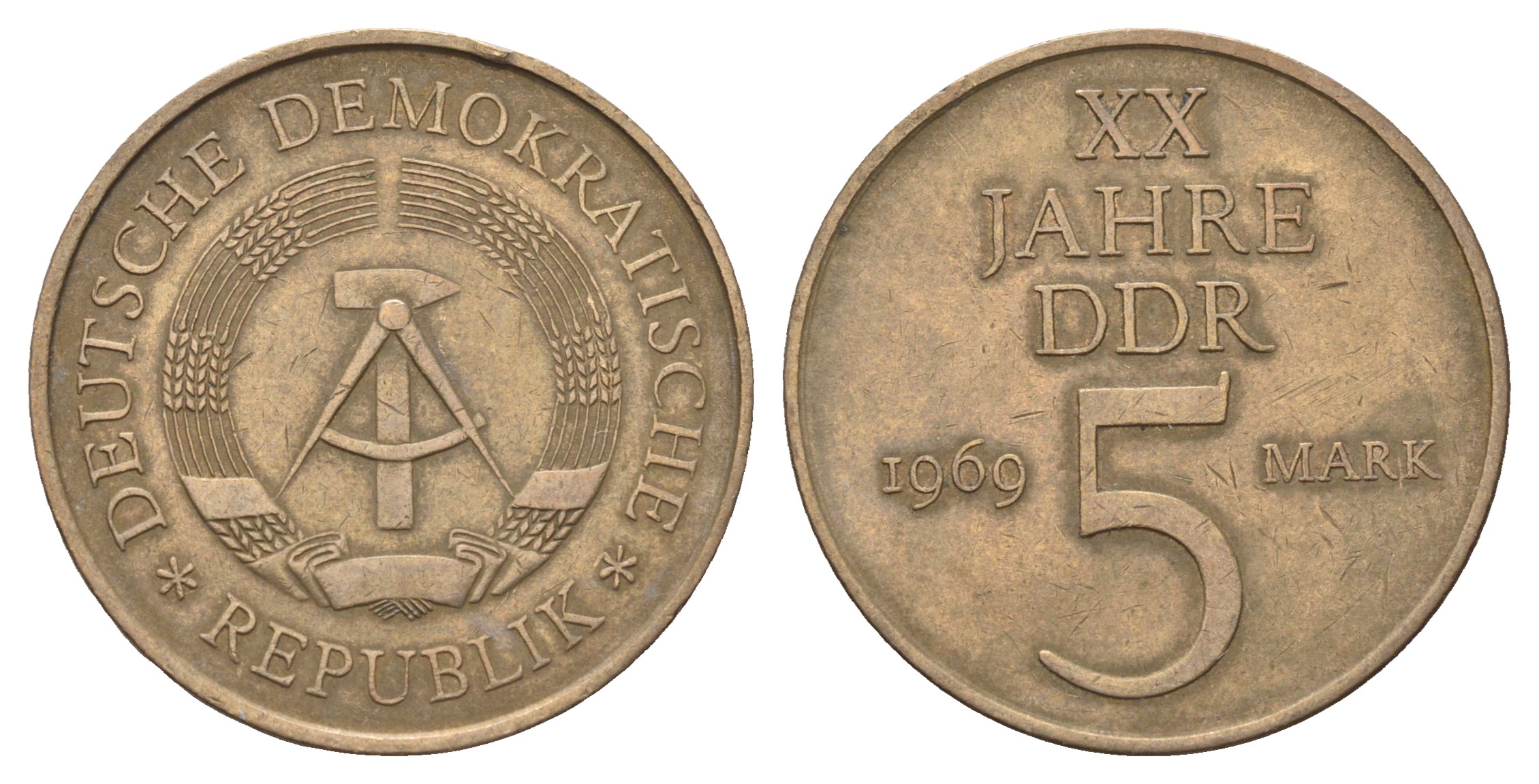 ГДР 5 марок 1969 А, 20 лет ГДР KM 22.1, J. 1524 никель бронза 4680-711