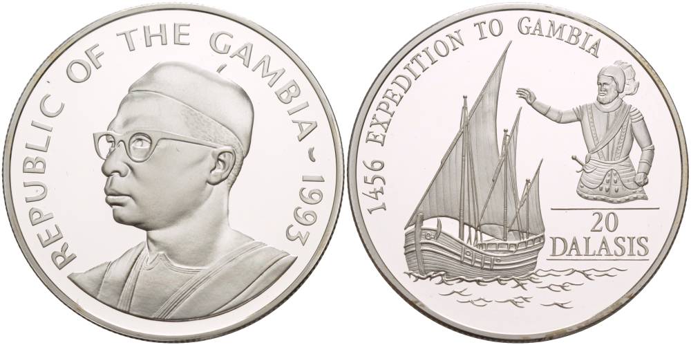 Гамбия 20 даласи 1993 Генрих Мореплаватель, парусник, тираж 15000 экз. KM 34 серебро PROOF 00-000-00
