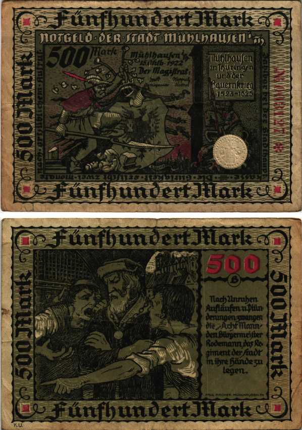 МЮЛЬХАУЗЕН 500 МАРОК 1922 НОТГЕЛЬД, 15 ОКТЯБРЯ 1922, ЗЕМЛЯ ТЮРИНГИЯ Muller 3000.2 бумага 6300-37-2-1