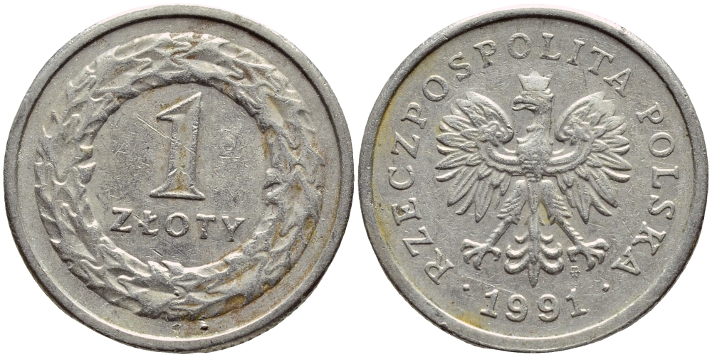 ПОЛЬША 1 ЗЛОТЫЙ 1991 MW KM 282 медно-никель 4383-1055